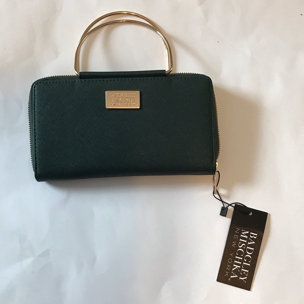 Badgley Mischka Dark Emerald Green Louise Saffiano Wallet with Gold Handle
